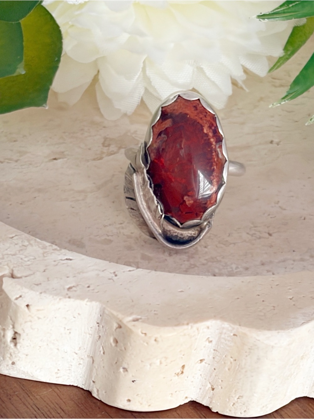 Vintage Native American Sterling Silver Mexican Cantera Fire Opal Ring Size 8